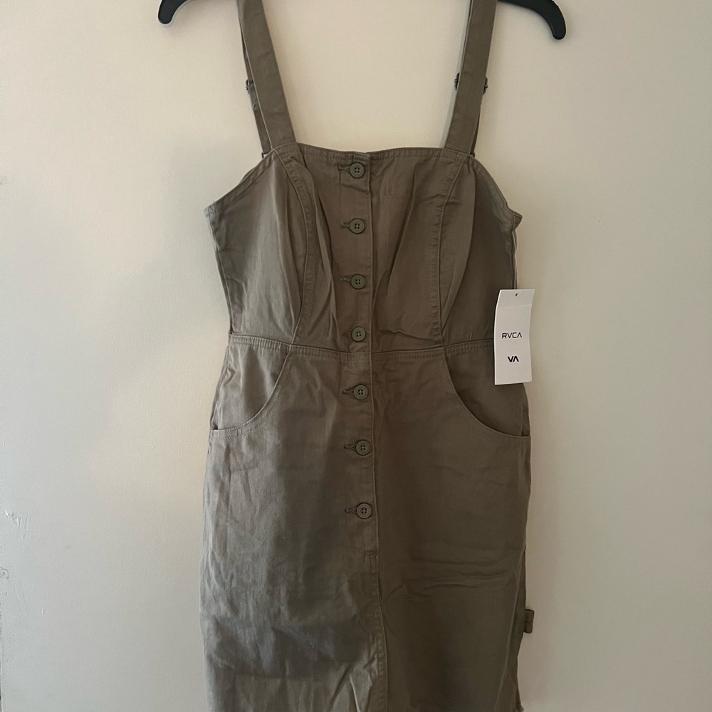 RVCA Olive Green Button-Front Mini Dress with Adjustable Straps